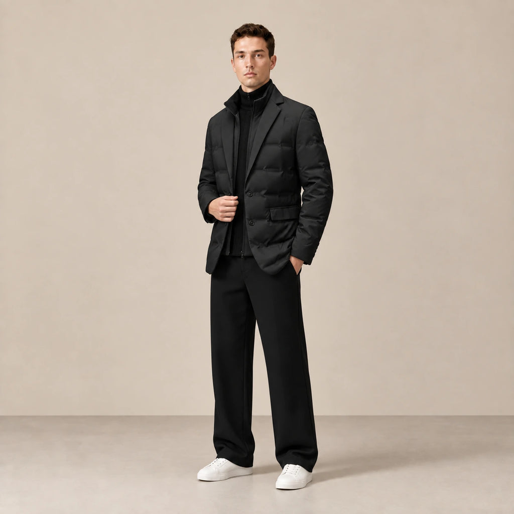 Parka doublée noire matelassée, portée de trois-quarts dans le studio IVAREE.