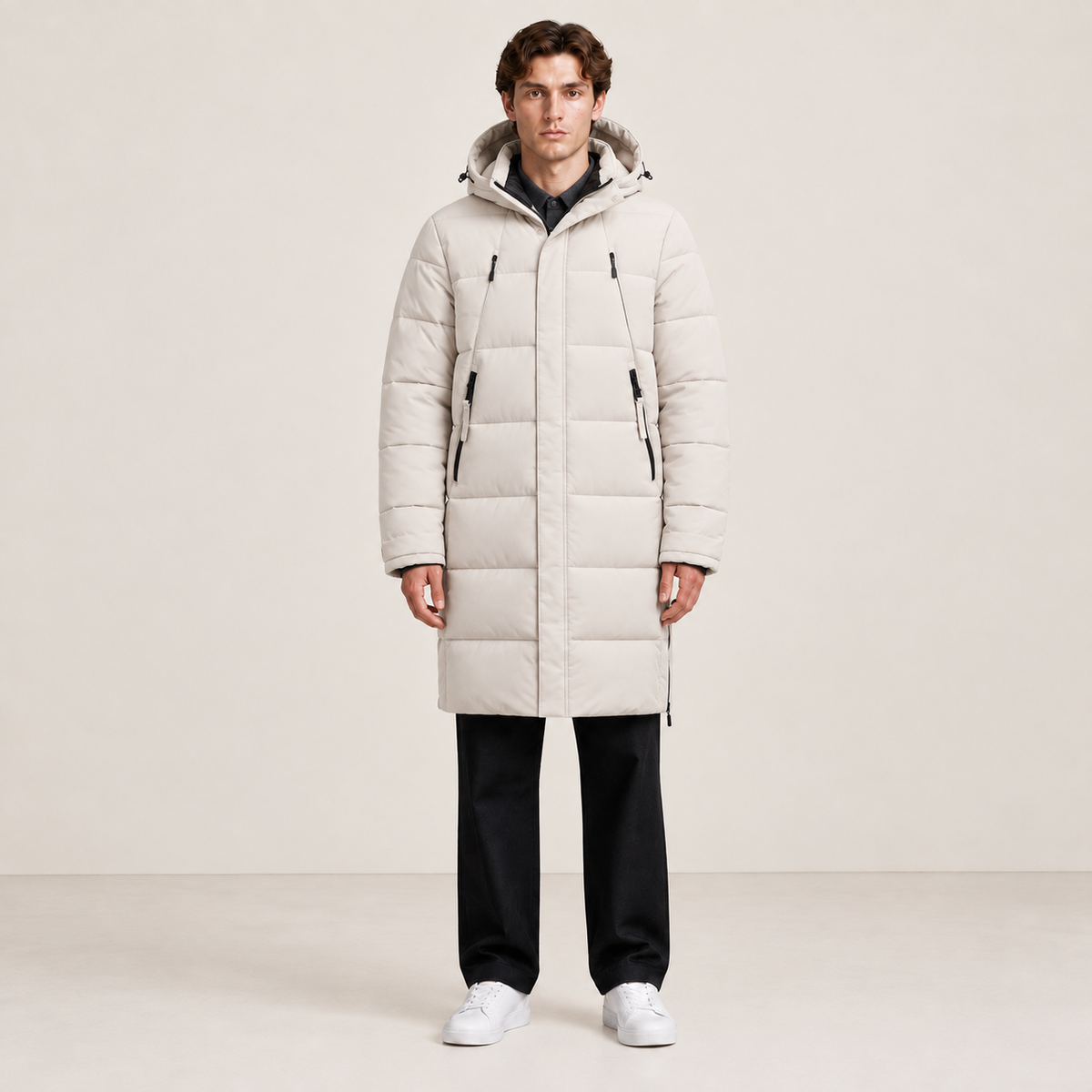 Parka longue beige matelassée à capuche et quatre poches zippées, vue de face dans le studio IVAREE, format carré 1:1.