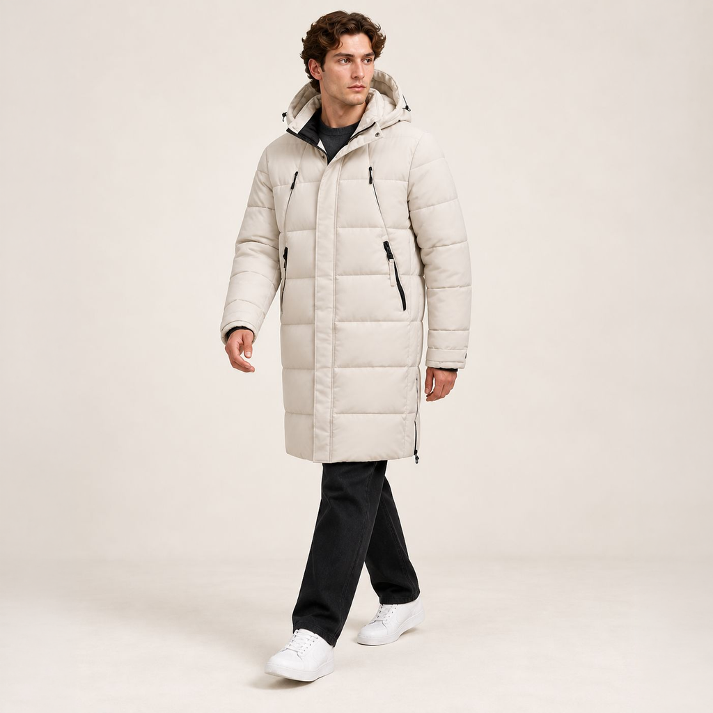 Parka longue beige matelassée à capuche et quatre poches zippées, portée en marche dans le studio IVAREE, format carré 1:1.