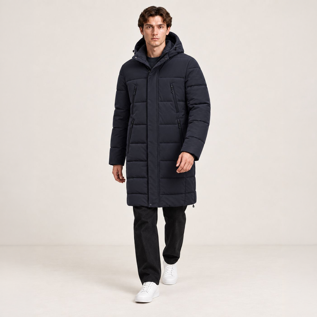 Parka longue bleu foncé matelassée à capuche et quatre poches zippées, portée en marche dans le studio IVAREE, format carré 1:1.