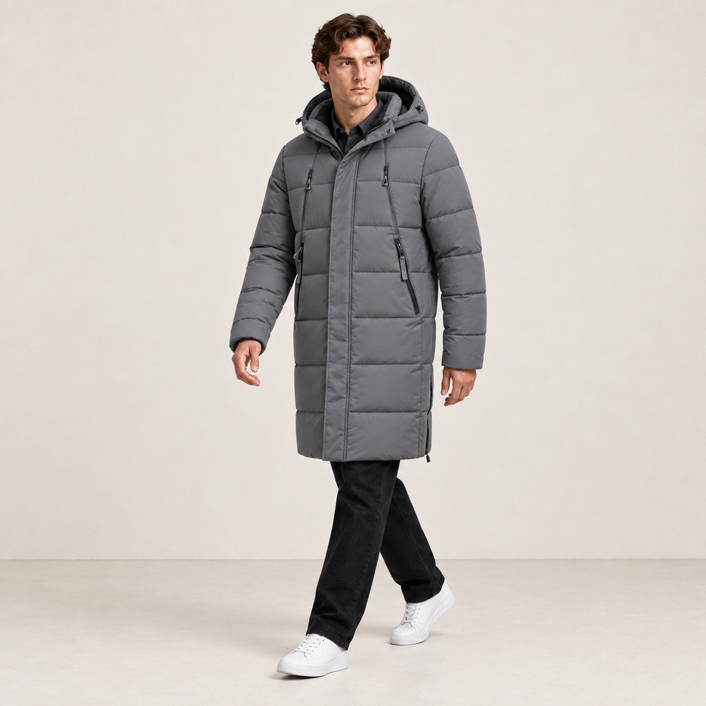 Parka longue grise matelassée à capuche et quatre poches zippées, portée en marche dans le studio IVAREE, format carré 1:1.