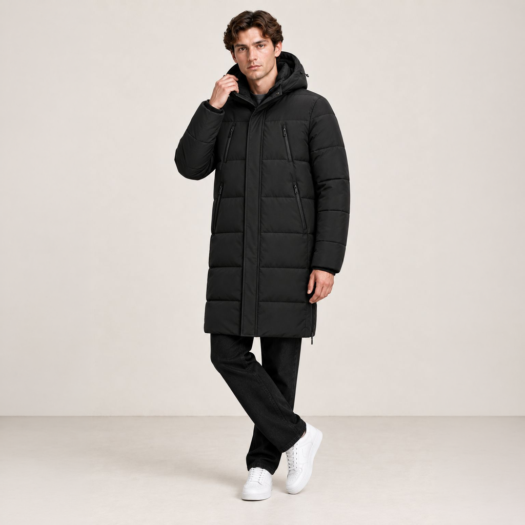 Parka longue noire matelassée à capuche, portée de trois-quarts avec une main au col dans le studio IVAREE, format carré 1:1.