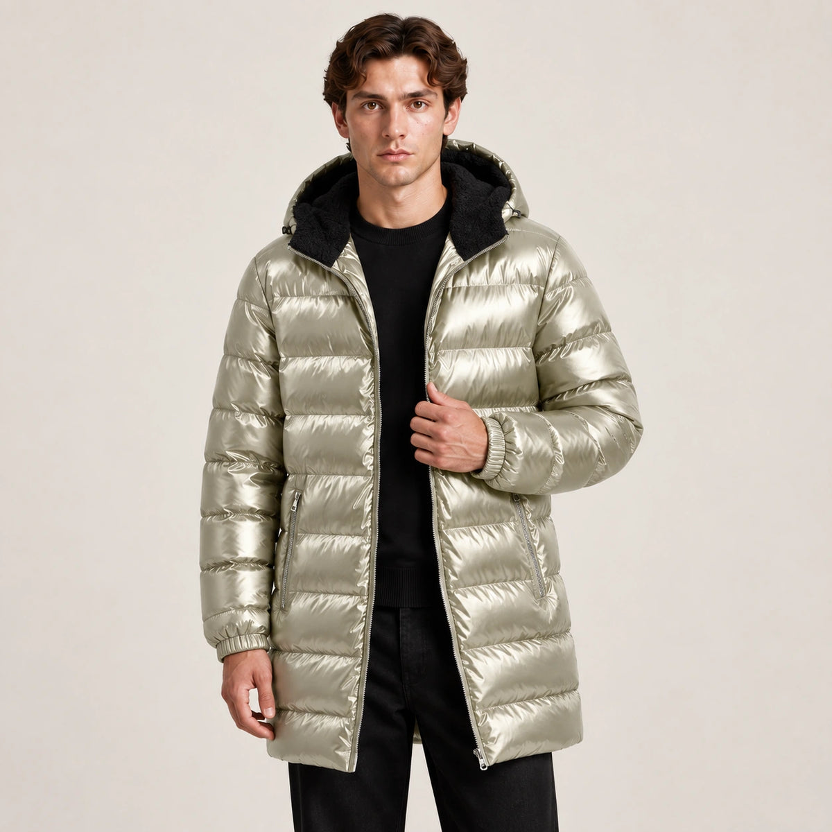 Détail porté de la parka matelassée abricot, avec capuche doublée et poche zippée.