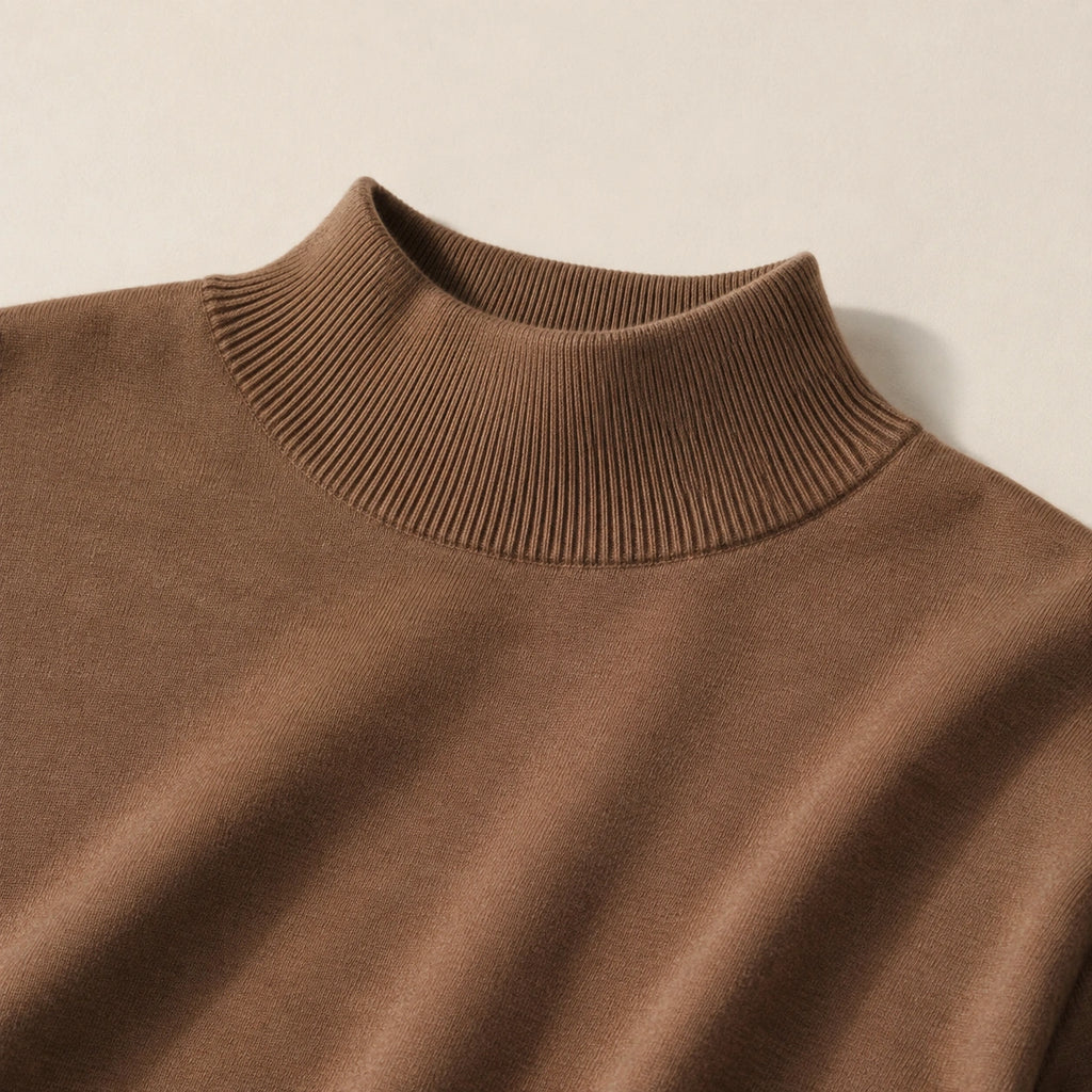 Détail du col montant côtelé et de la maille unie du pull café.