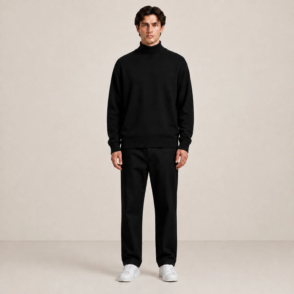 Pull homme noir à col montant et maille fine, porté de face en studio.