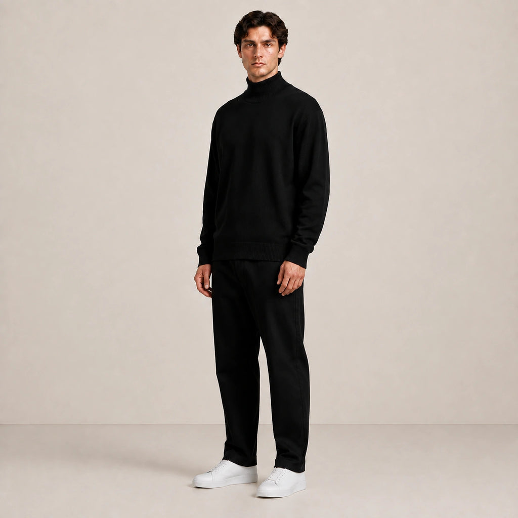Pull homme noir à col montant, porté de trois quarts en studio.