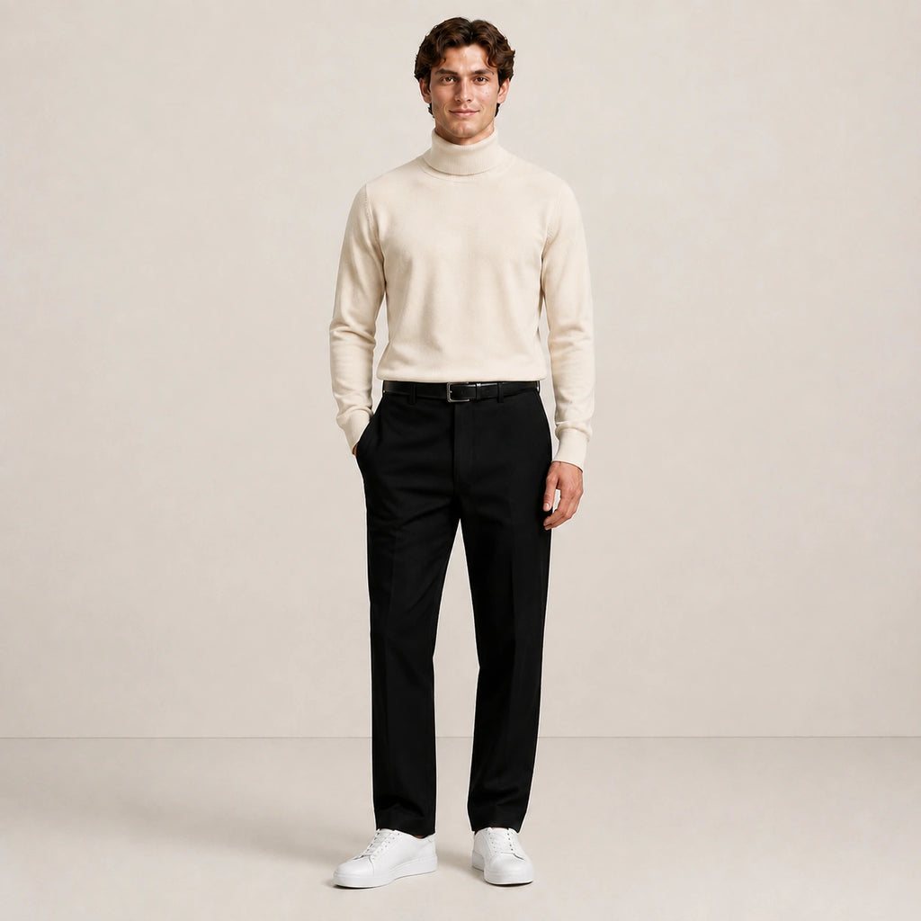 Pull col roulé beige clair en maille lisse, porté en pied dans une pose décontractée en studio IVAREE.