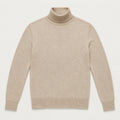 Pull col roulé beige en maille fine, packshot de face.