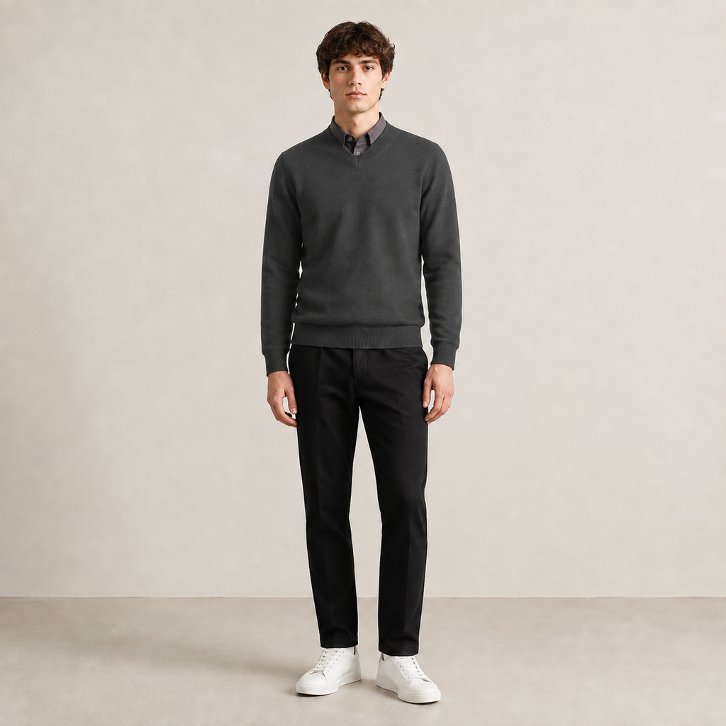 Pull col V anthracite en maille fine unie, porté de face dans le studio IVAREE.