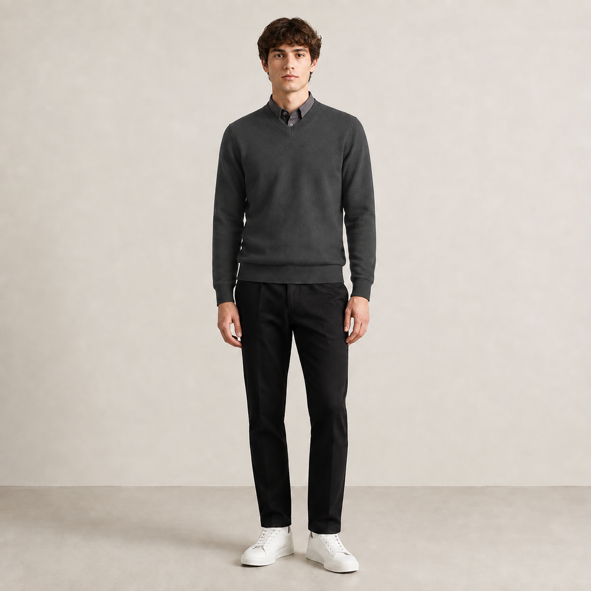 Pull col V anthracite en maille fine unie, porté de face dans le studio IVAREE.