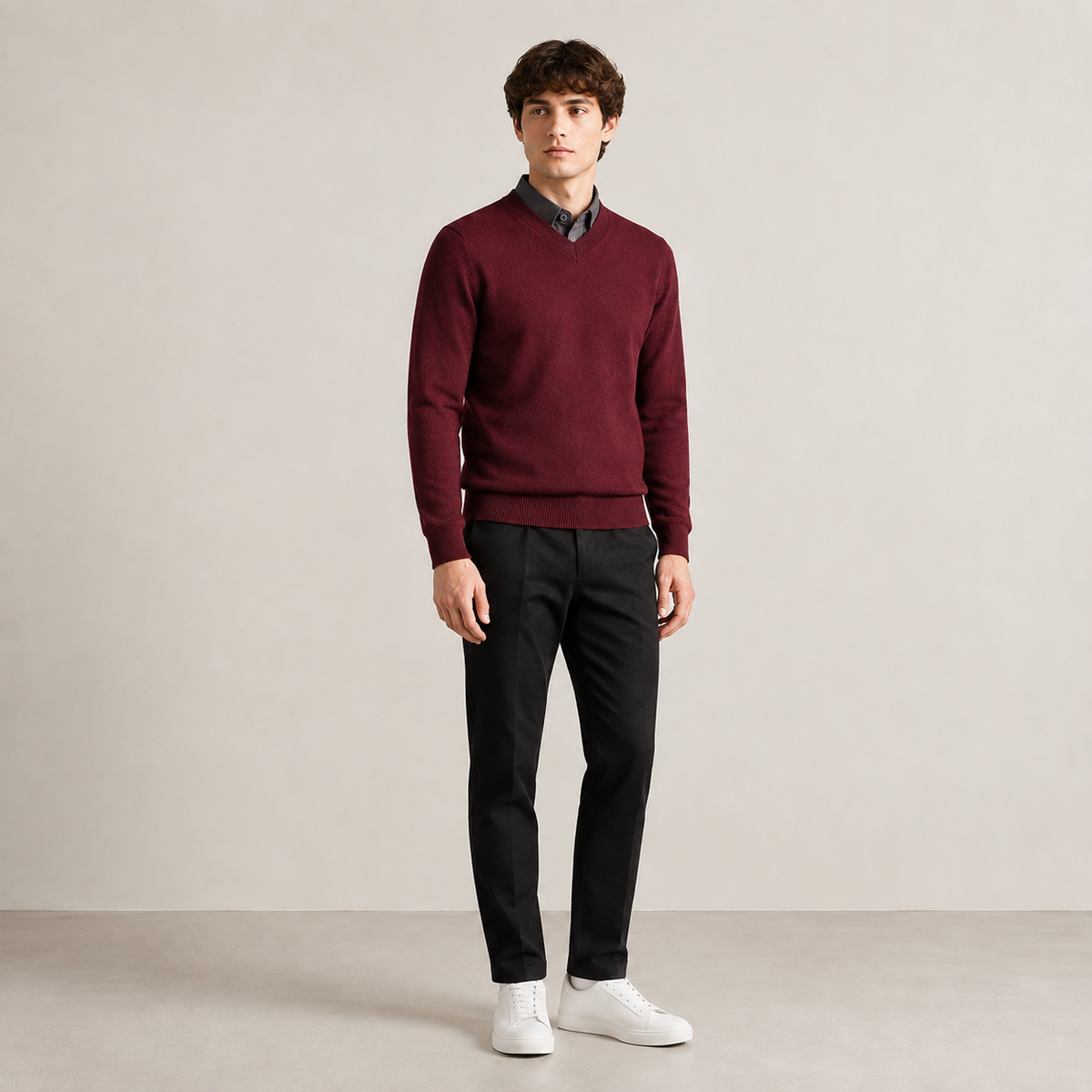 Pull col V bordeaux en maille fine unie, porté de trois quarts dans le studio IVAREE.