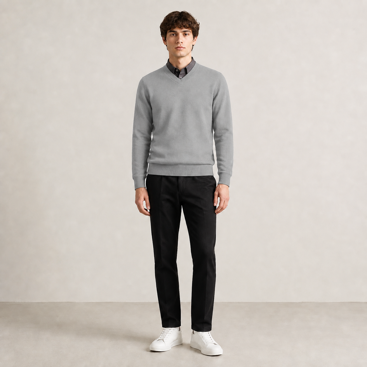Pull col V gris clair en maille fine unie, porté de face dans le studio IVAREE.