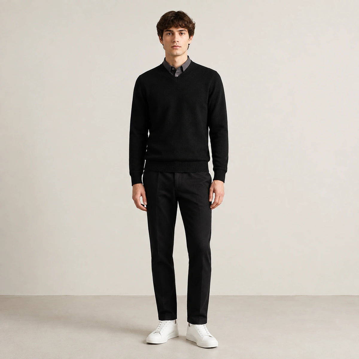 Pull col V noir en maille fine, porté de face dans le studio IVAREE.