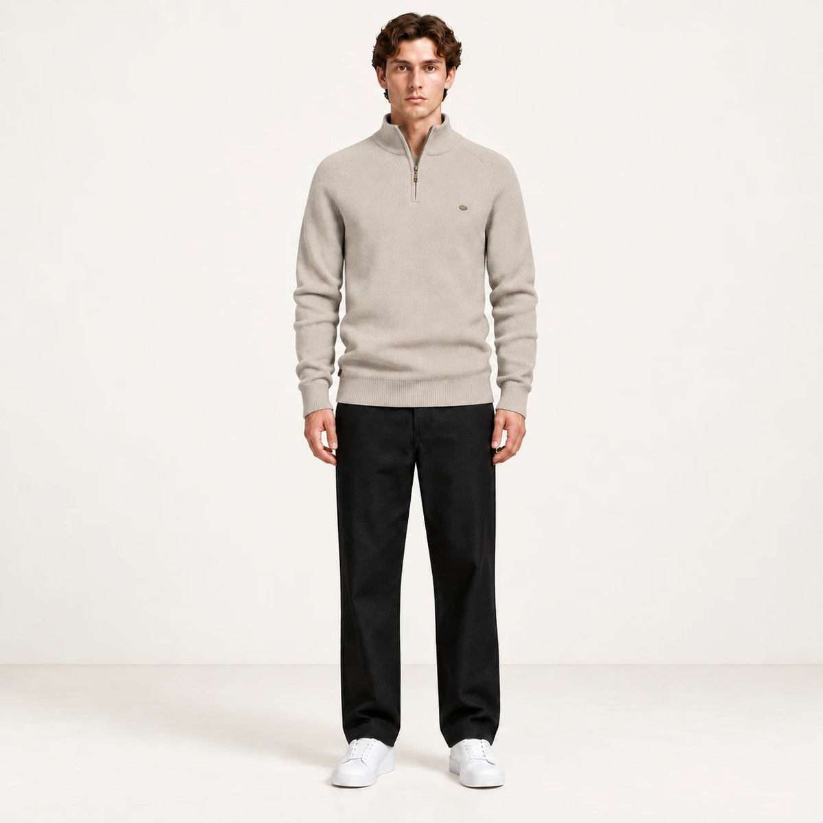 Pull demi-zip beige en maille côtelée IVAREE, vue de face