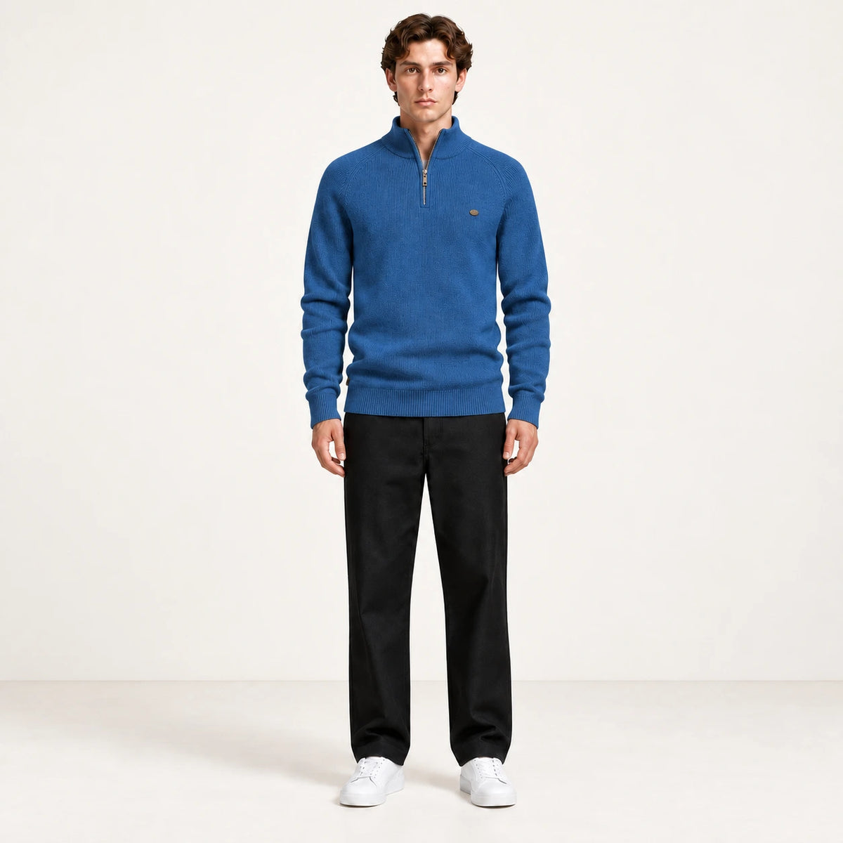 Pull demi-zip bleu en maille côtelée IVAREE, vue de face