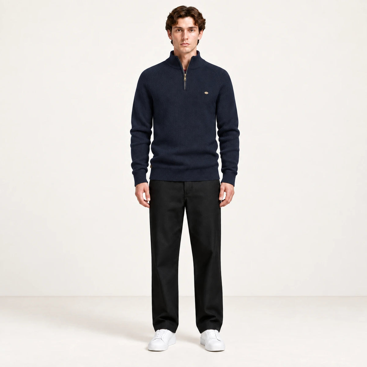Pull demi-zip bleu marine en maille côtelée IVAREE, vue de face