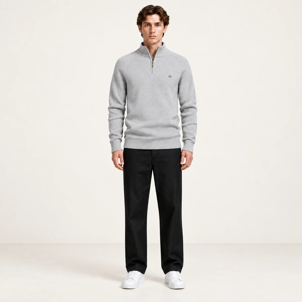 Pull demi-zip gris en maille côtelée IVAREE, vue de face