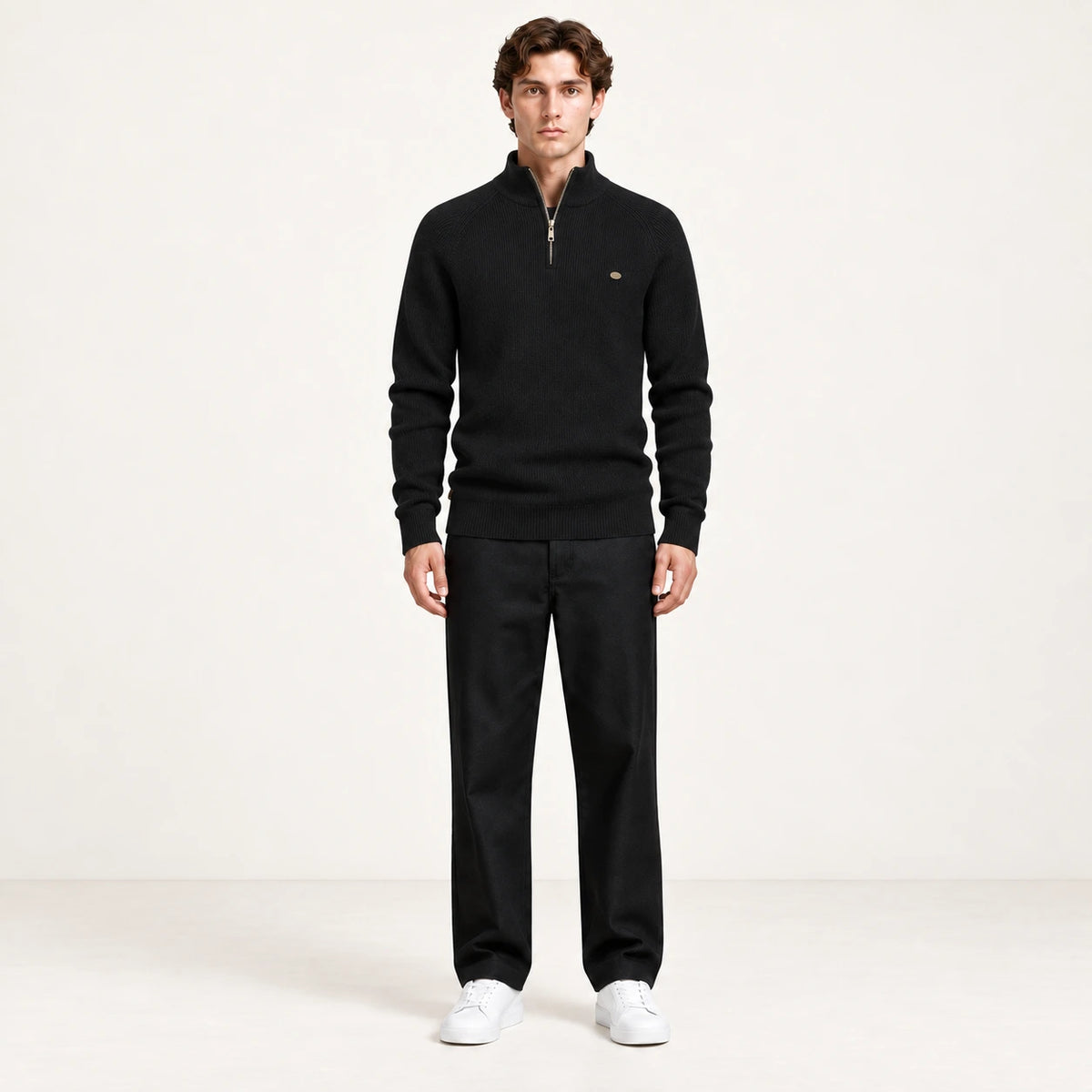 Pull demi-zip noir en maille côtelée IVAREE, vue de face