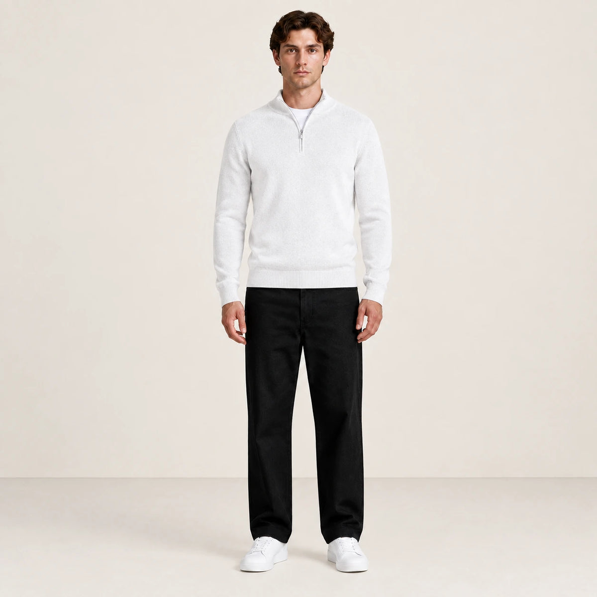 Pull mérinos à demi-zip IVAREE Blanc – vue face studio