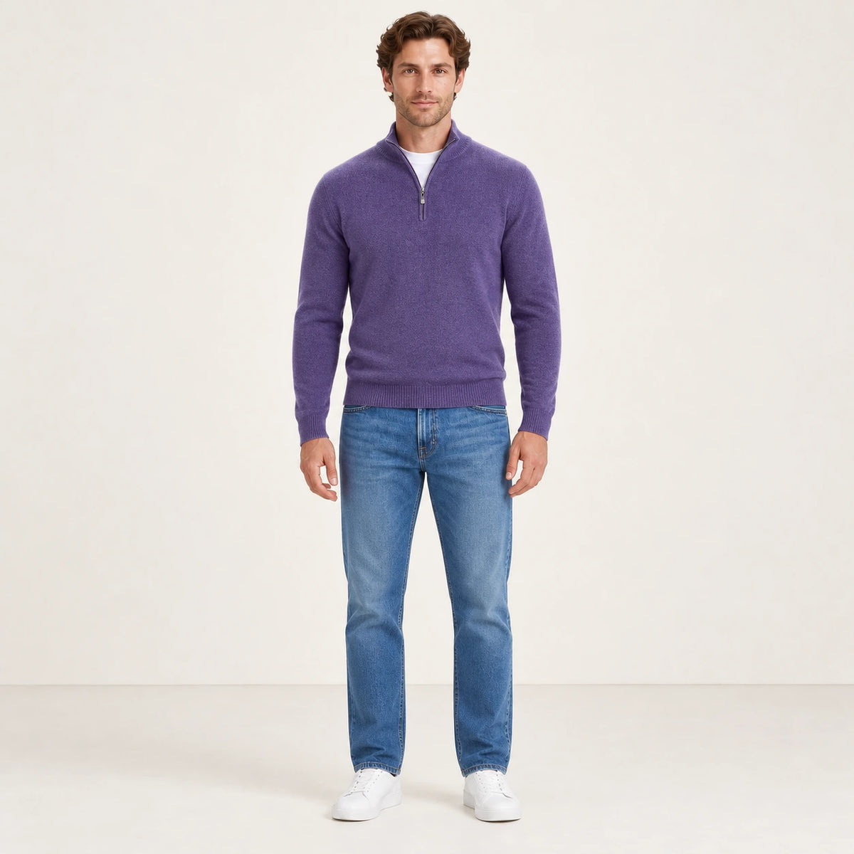 Pull mérinos à demi-zip IVAREE Violet – vue face studio