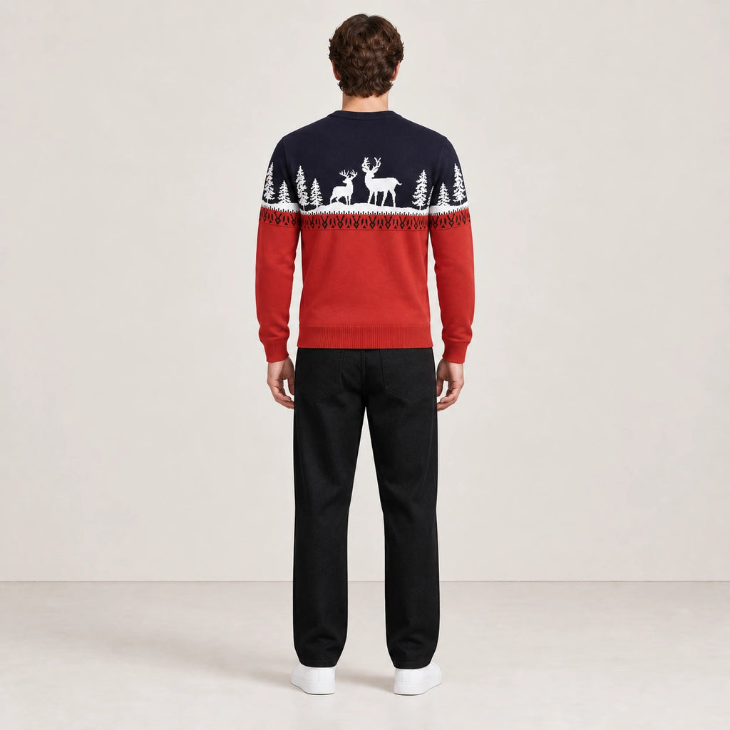 Pull rouge et bleu marine à motifs de rennes et sapins blancs, porté de dos, studio IVAREE.