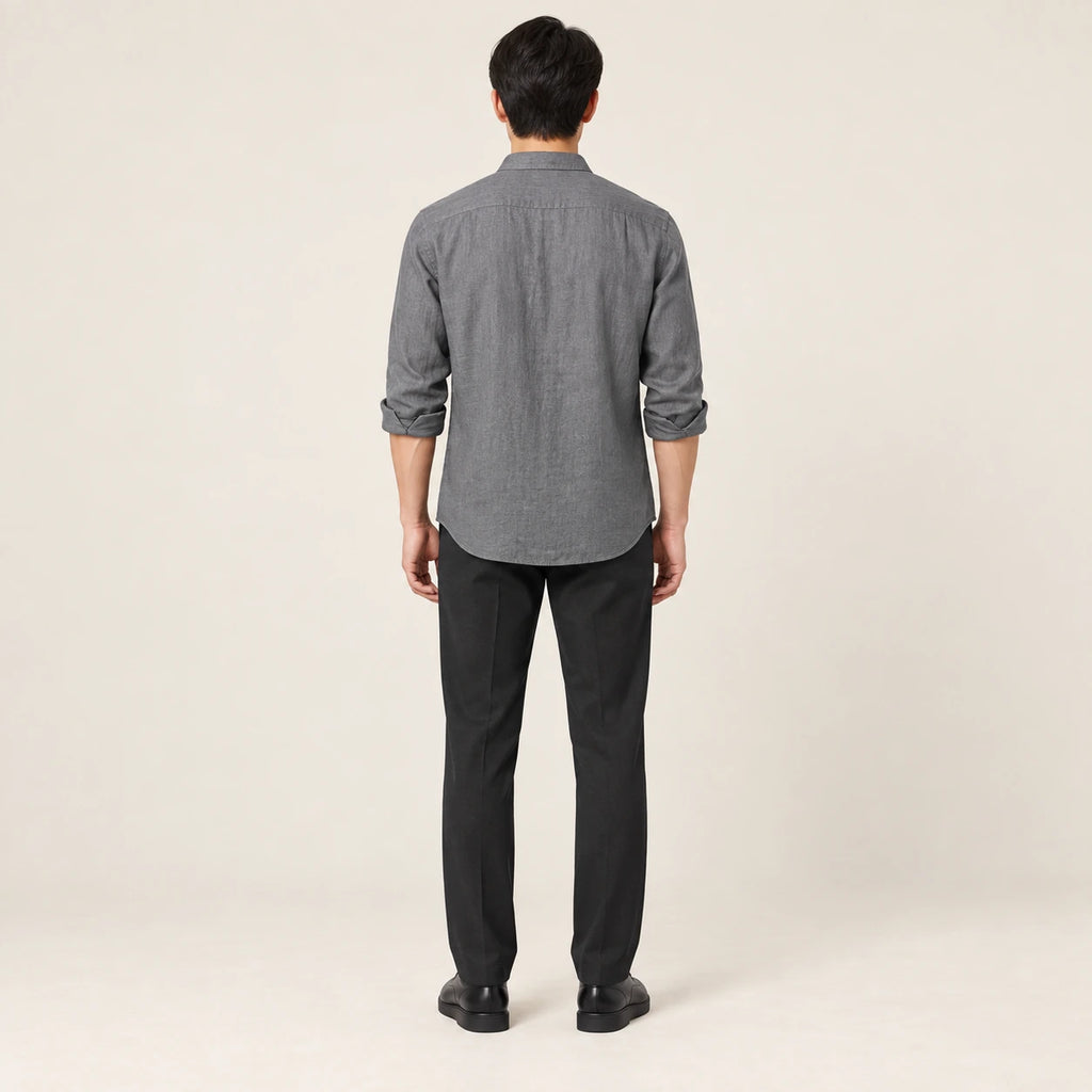 T-shirt en lin col V Gris, vue de dos, studio IVAREE