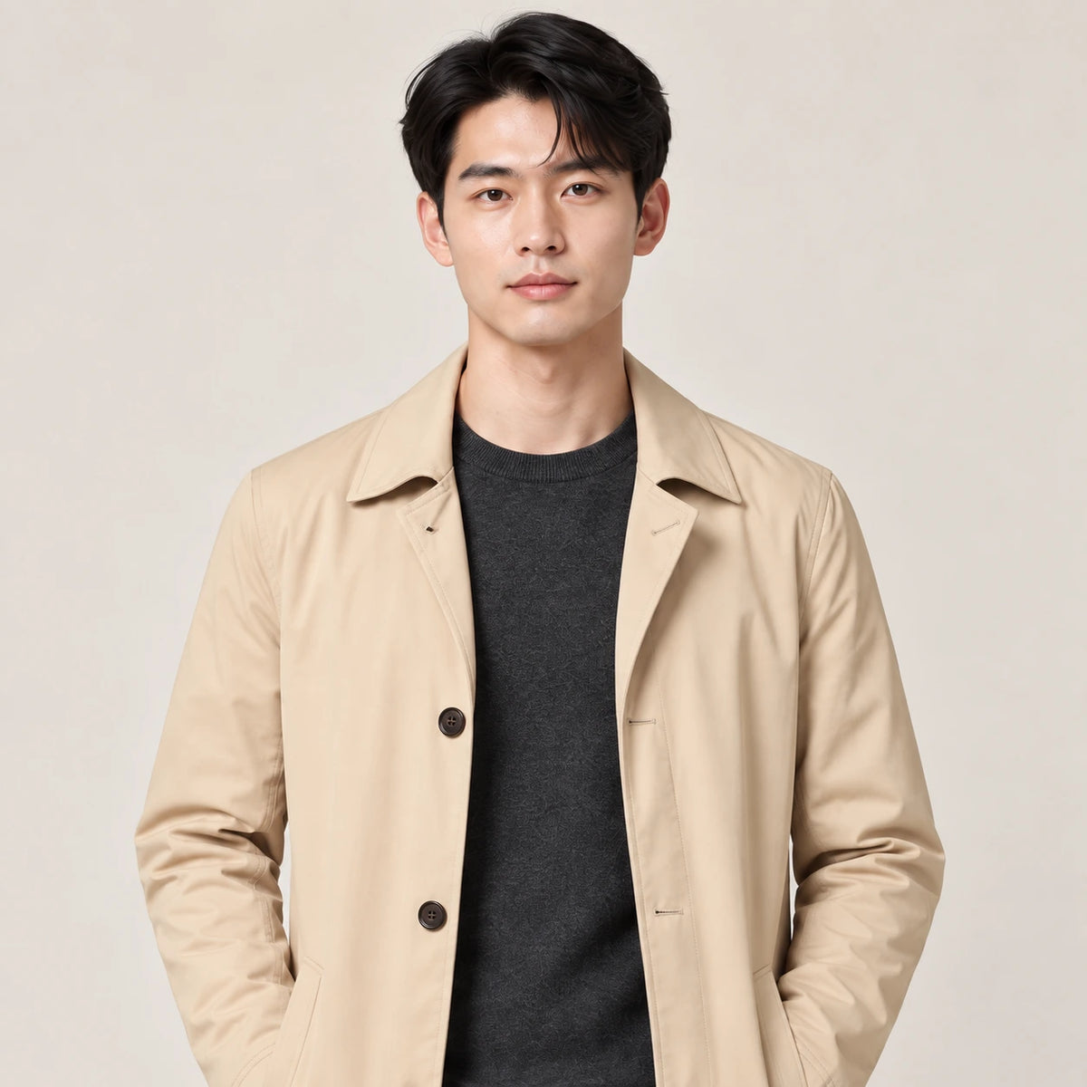 Trench-coat beige, détail du col porté en studio IVAREE