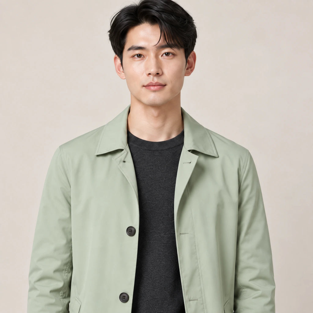 Trench-coat matcha, détail du col porté en studio IVAREE