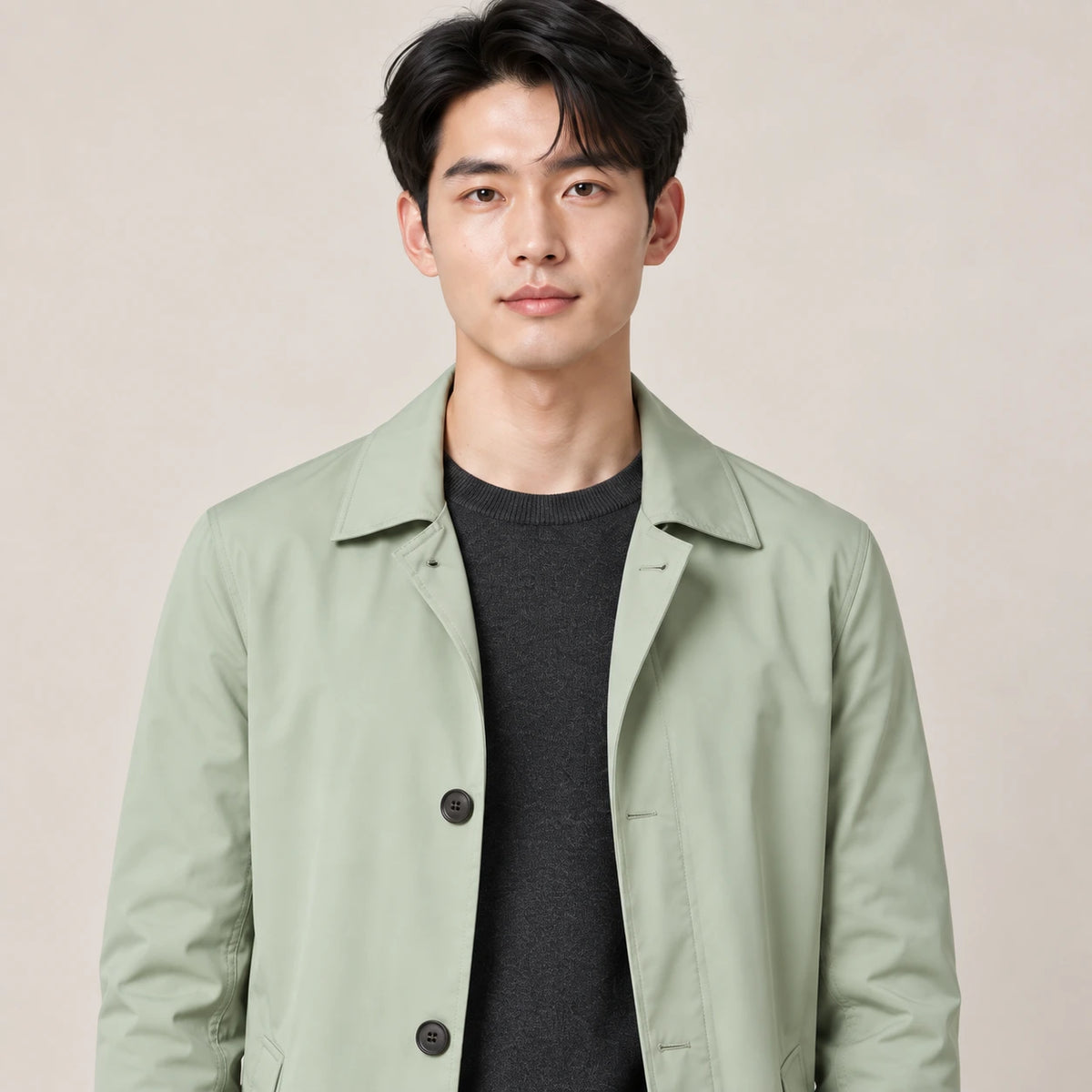 Trench-coat matcha, détail du col porté en studio IVAREE