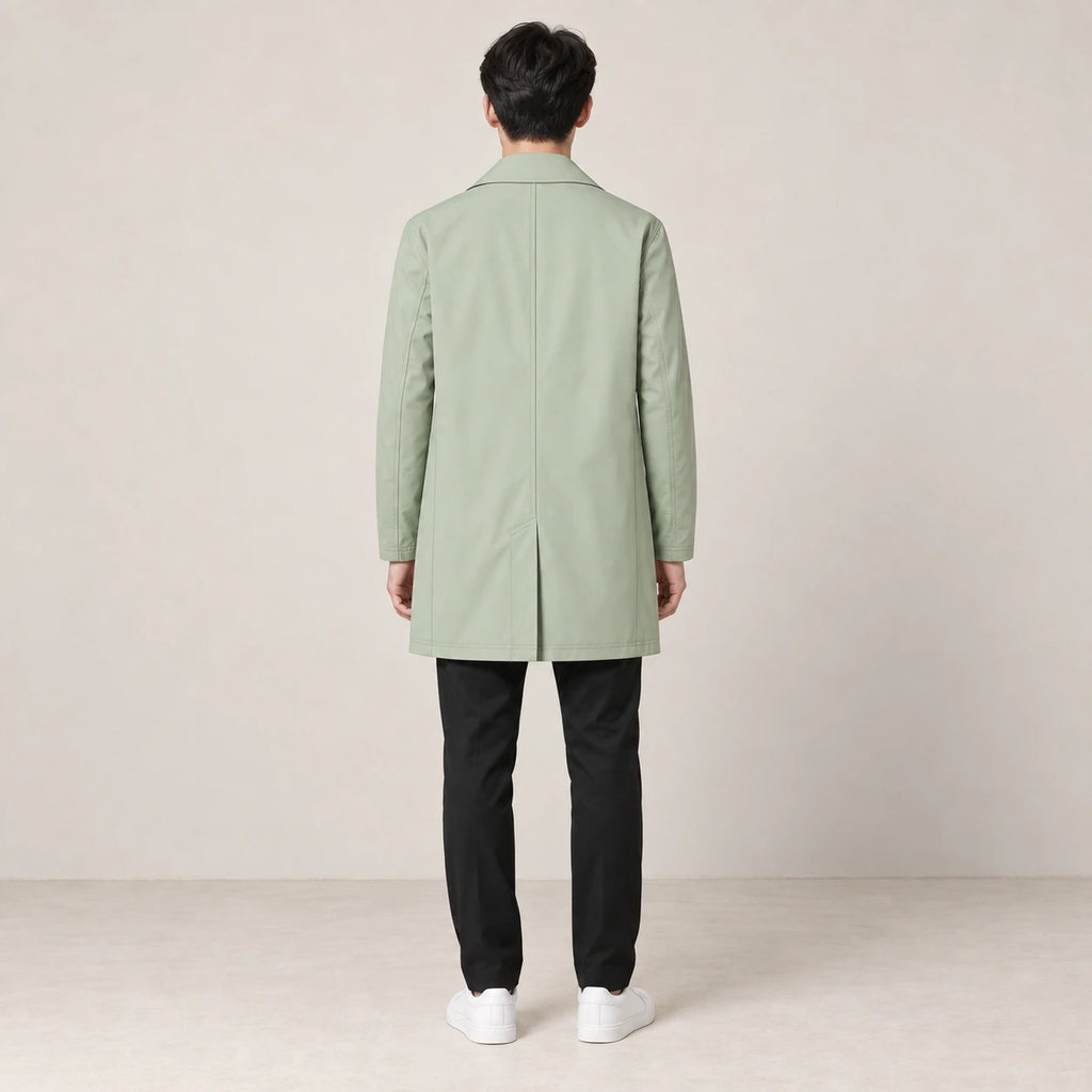 Trench-coat matcha à col classique, vue de dos sur mannequin en studio IVAREE