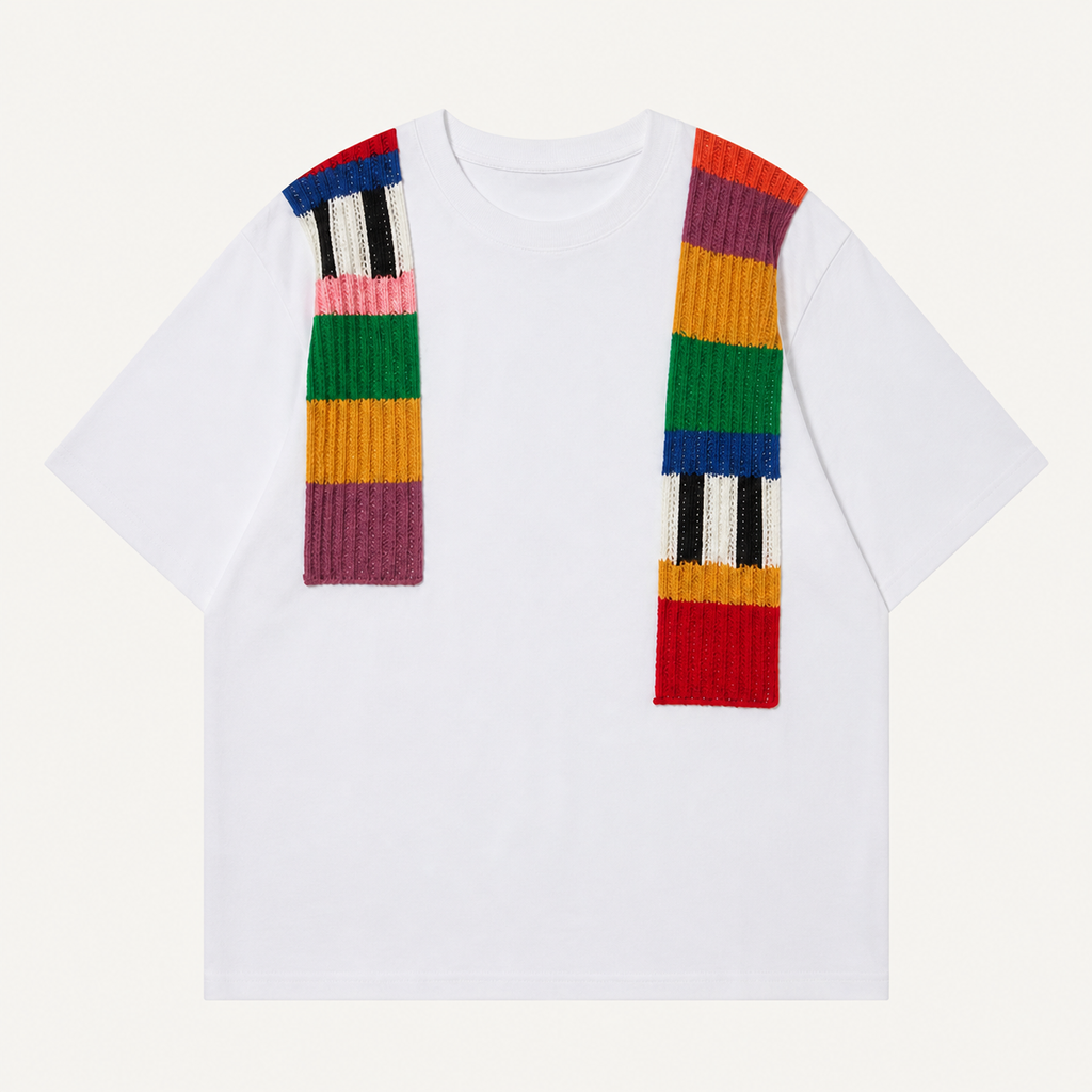 T-shirt blanc à bandes de maille multicolores, vue de face à plat