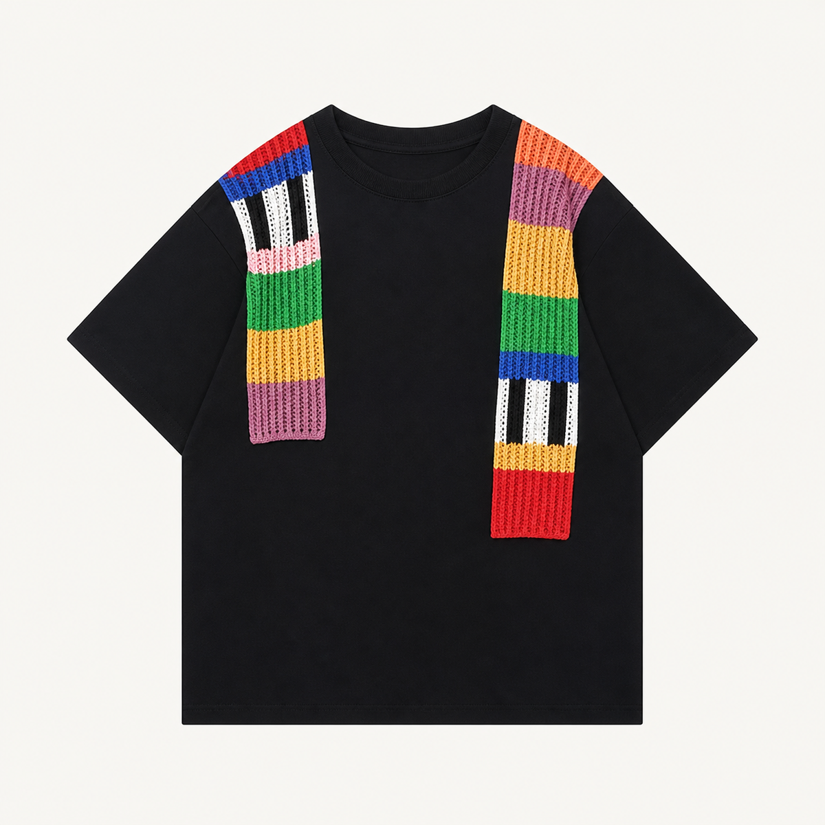 T-shirt noir à bandes de maille multicolores, vue de face à plat