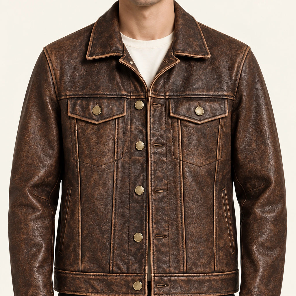 Détail du boutonnage et du cuir marron de la veste Barger IVAREE