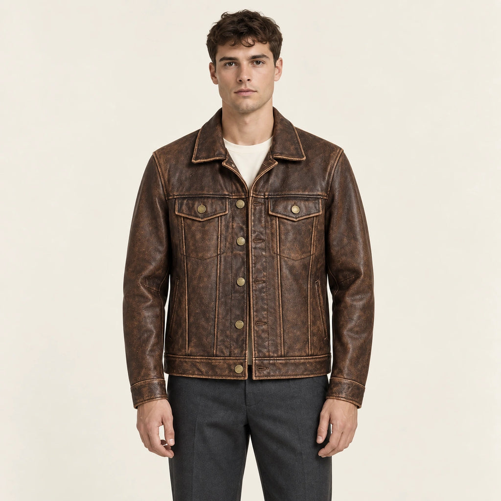 Veste en cuir marron, face dans le studio IVAREE
