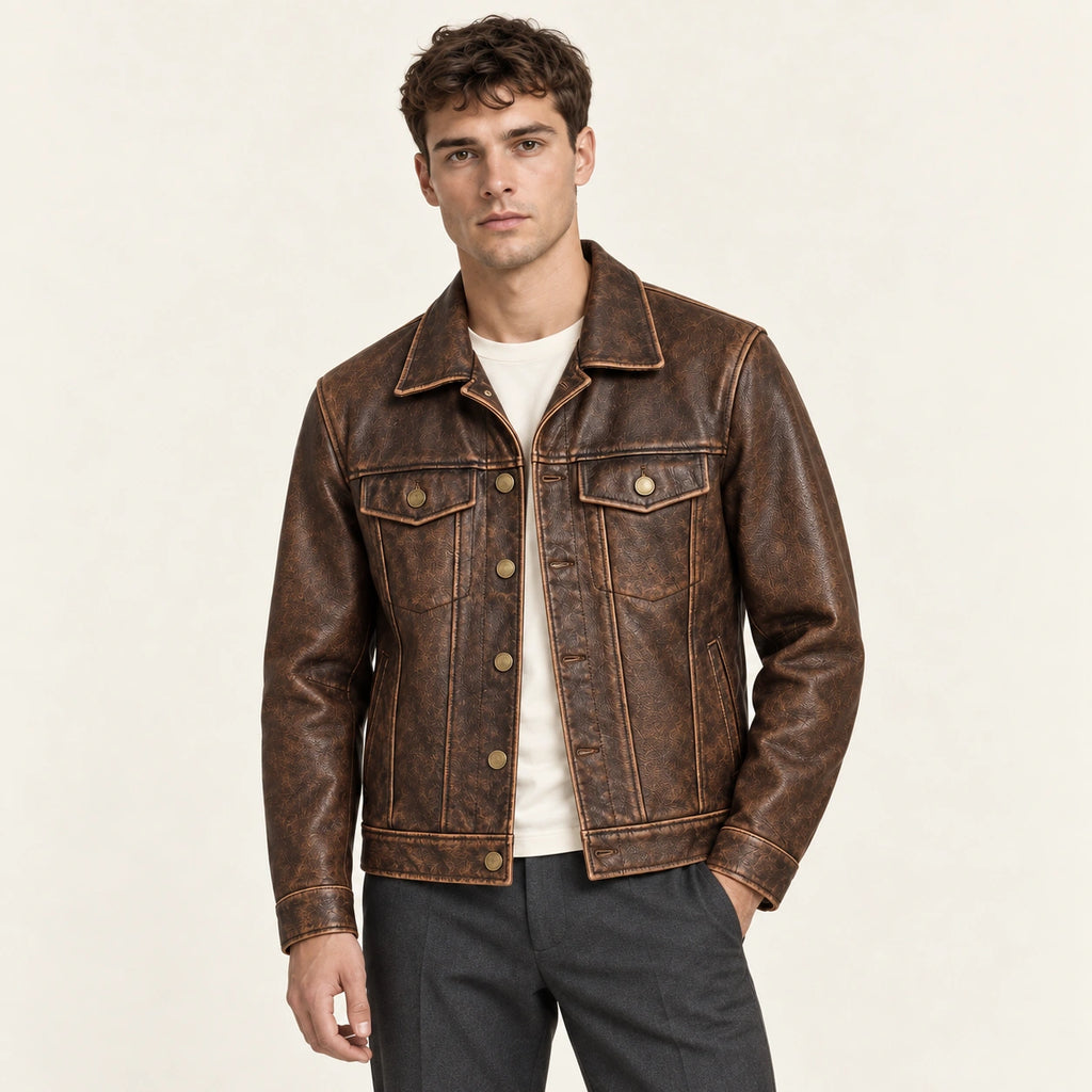Veste en cuir marron boutonnée, pose naturelle dans le studio IVAREE