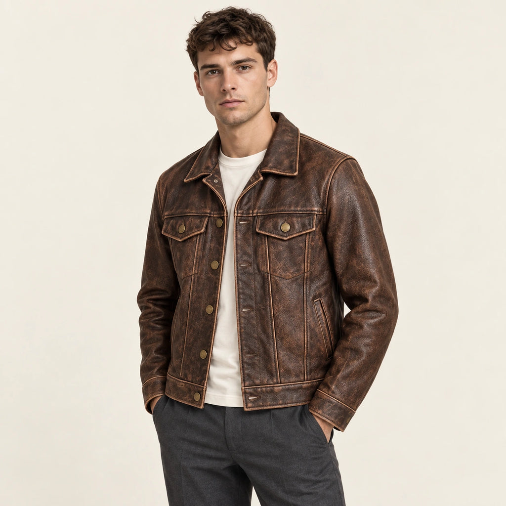 Veste en cuir marron, trois-quarts dans le studio IVAREE