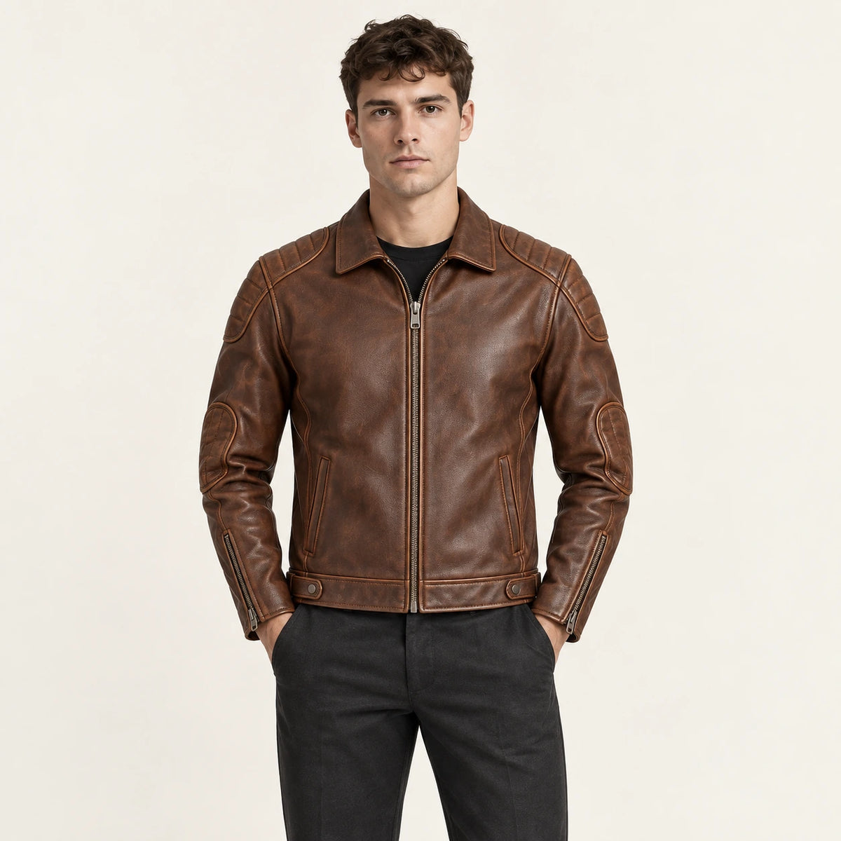 Veste en cuir Marron, vue face dans le studio IVAREE