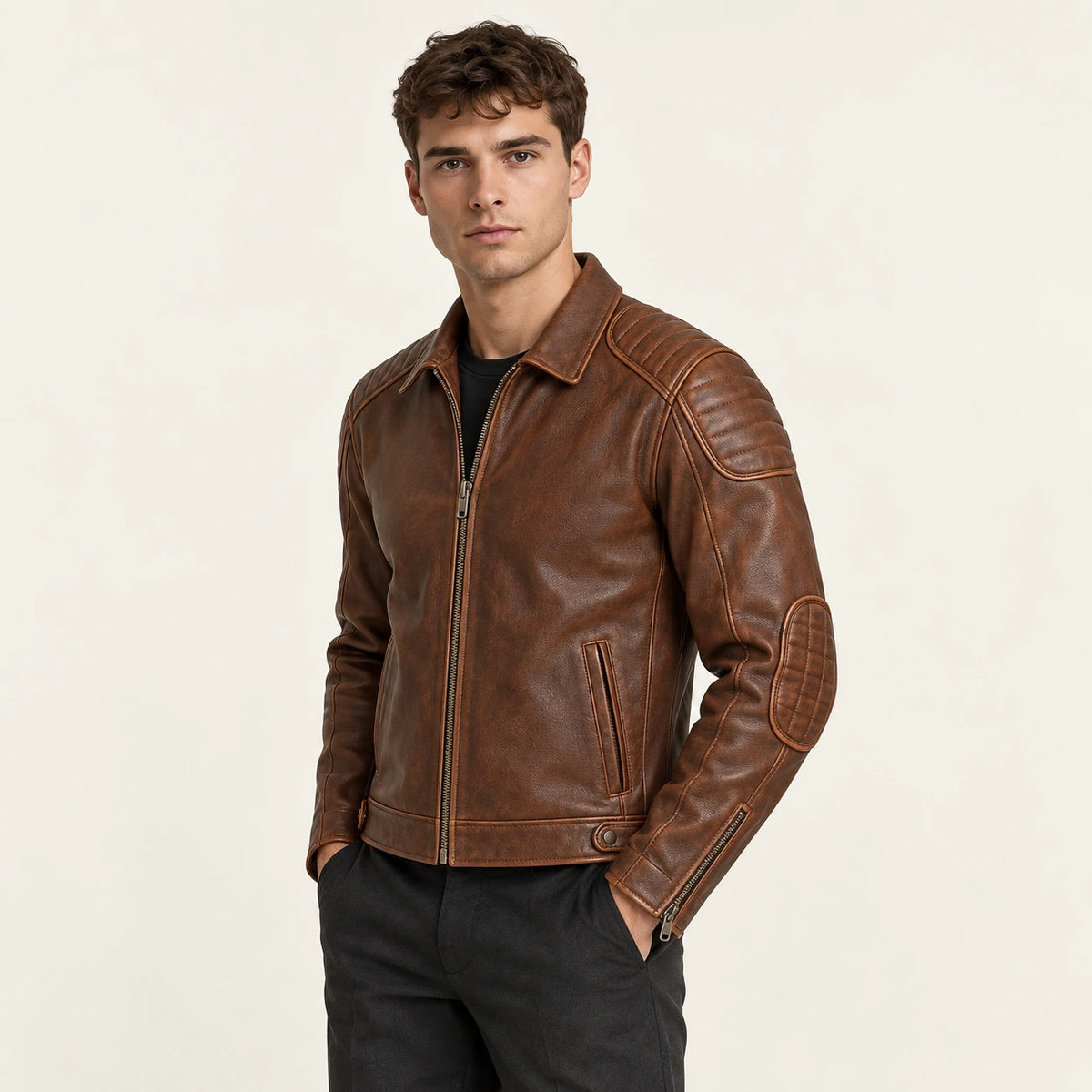 Veste en cuir Marron, vue trois-quarts dans le studio IVAREE