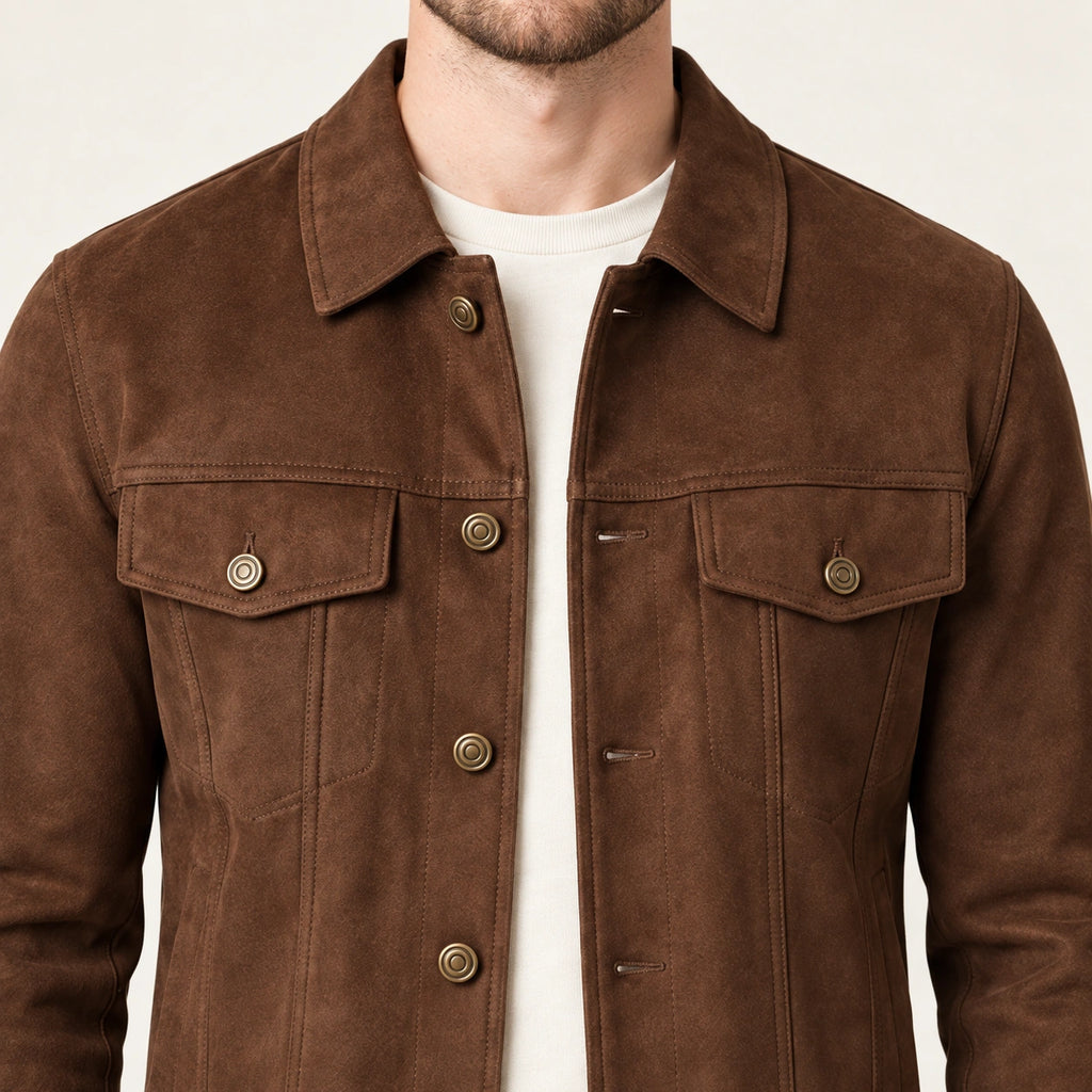 Veste en cuir marron, detail dans le studio IVAREE