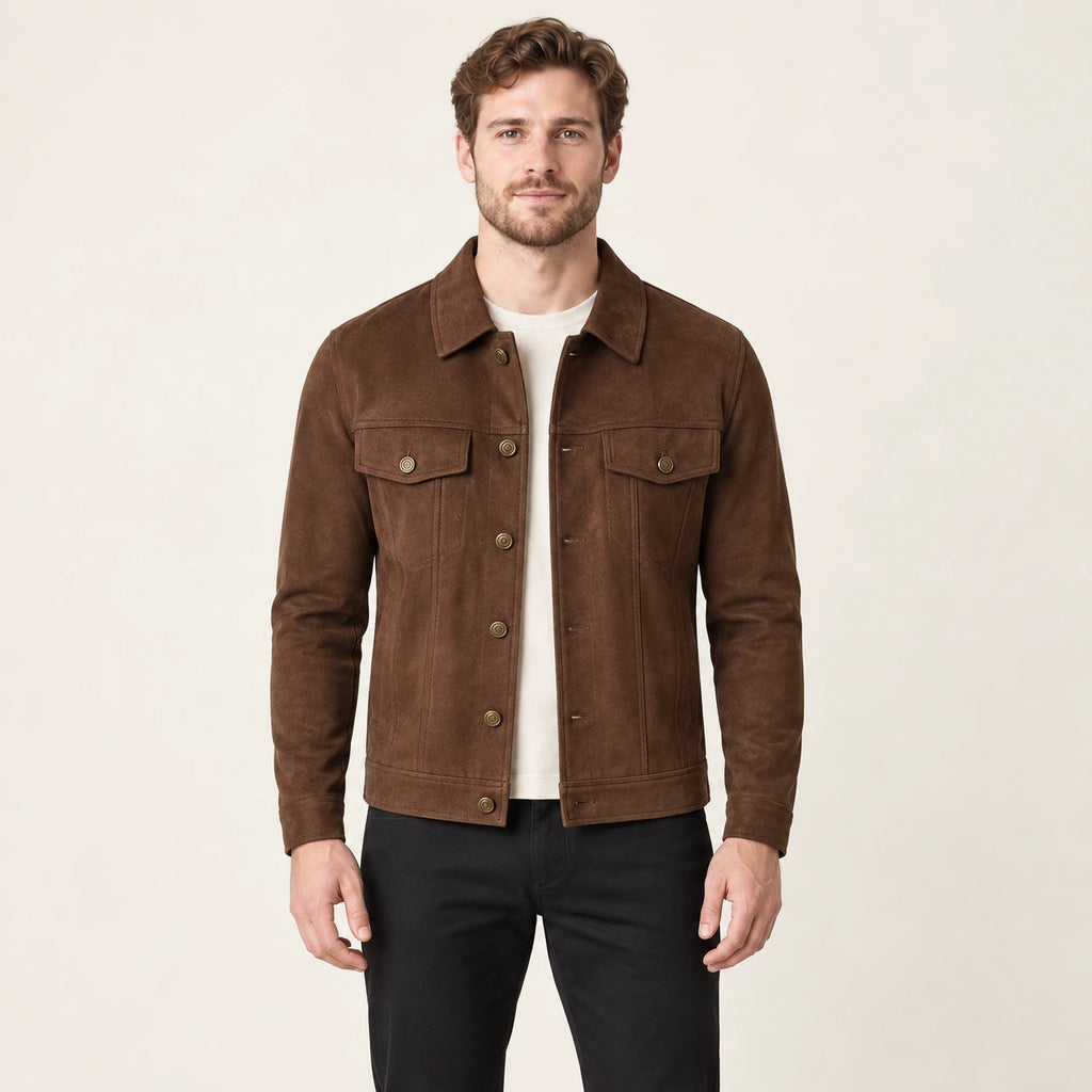 Veste en cuir marron, face dans le studio IVAREE