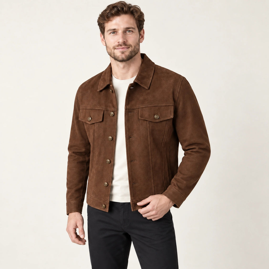 Veste en cuir marron, pose dans le studio IVAREE