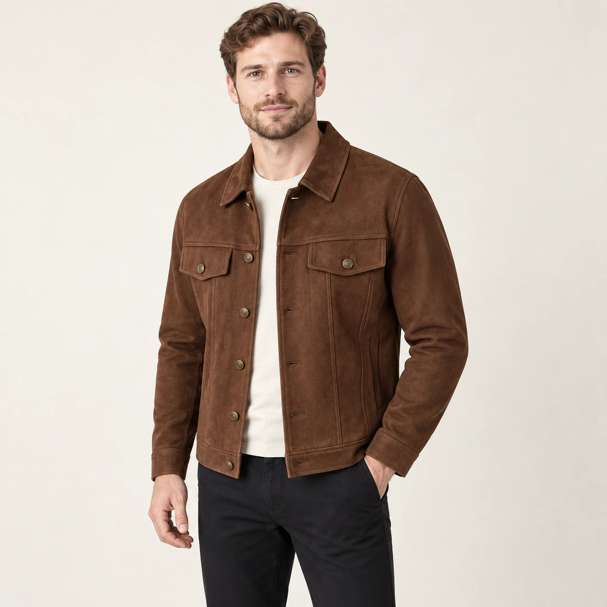 Veste en cuir marron, trois-quarts dans le studio IVAREE