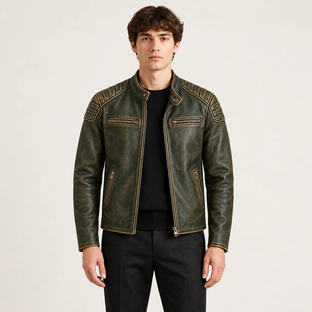 Veste en cuir vert, face dans le studio IVAREE