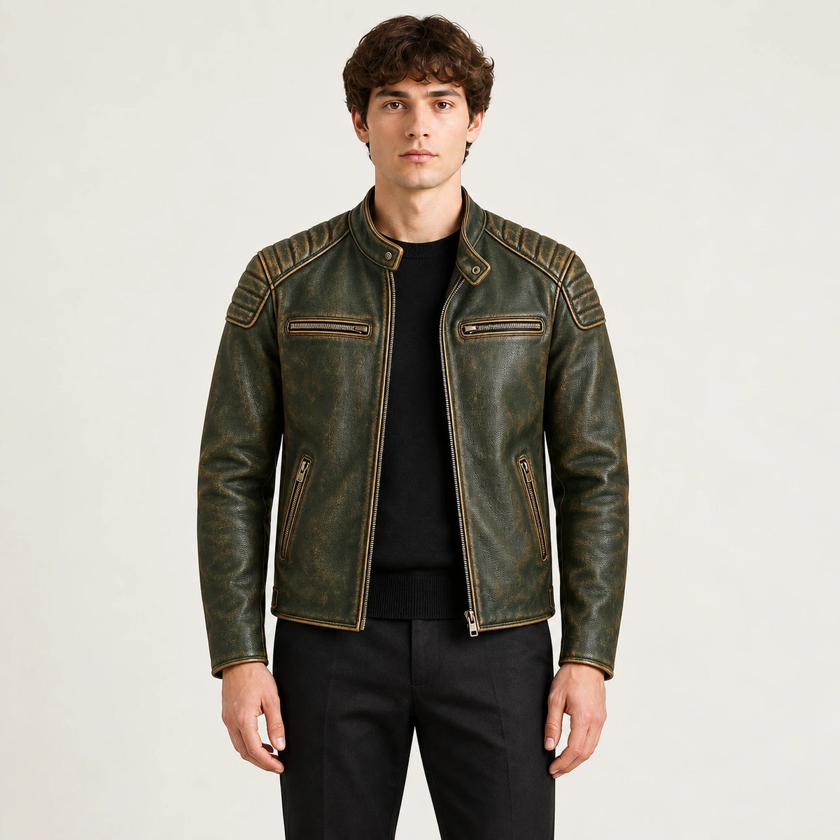 Veste en cuir vert, face dans le studio IVAREE