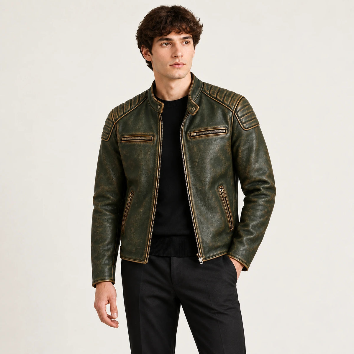 Veste en cuir vert, pose naturelle dans le studio IVAREE