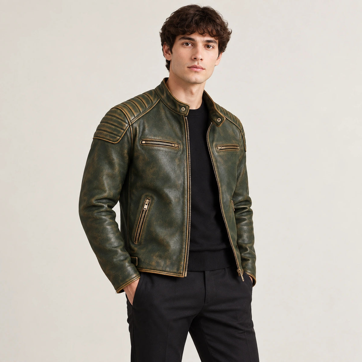 Veste en cuir vert, trois-quarts dans le studio IVAREE