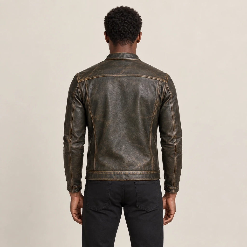 Veste en cuir Vert, vue dos dans le studio IVAREE