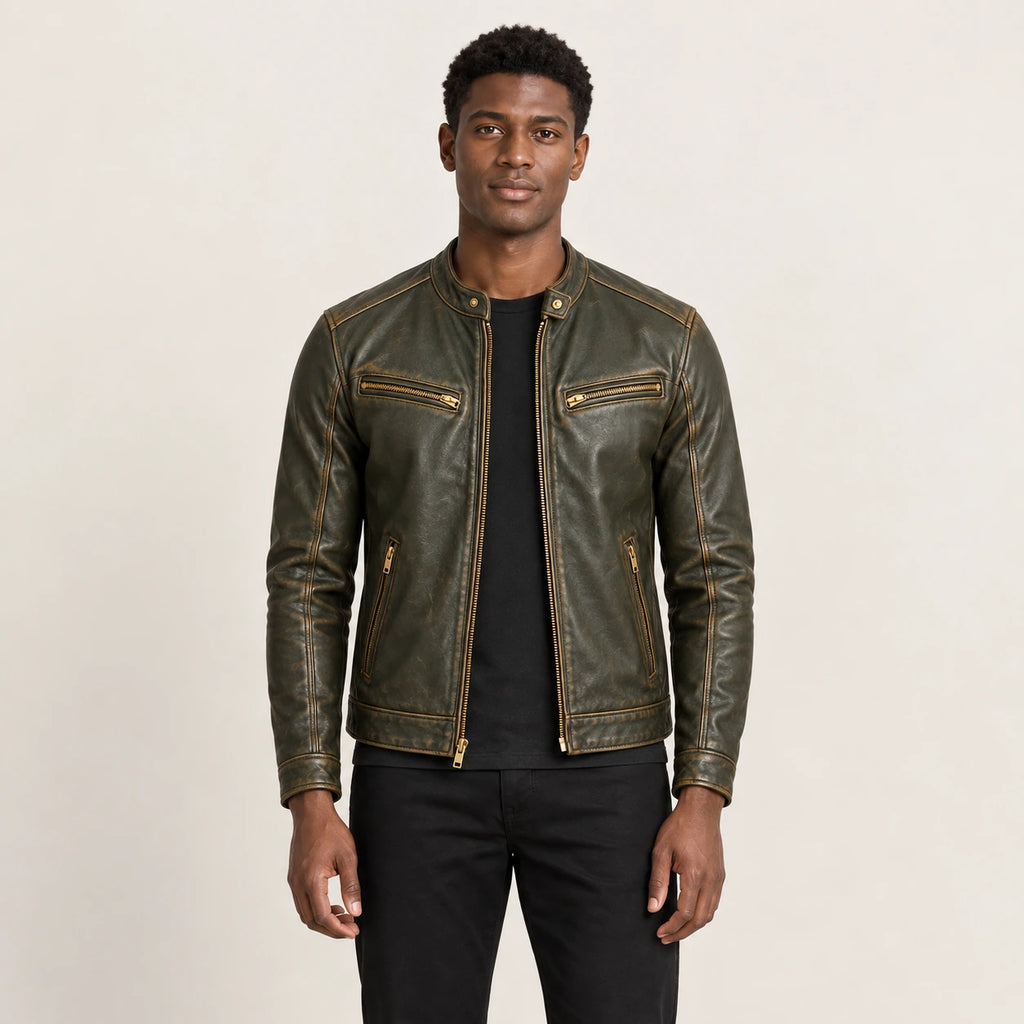 Veste en cuir Vert, vue face dans le studio IVAREE