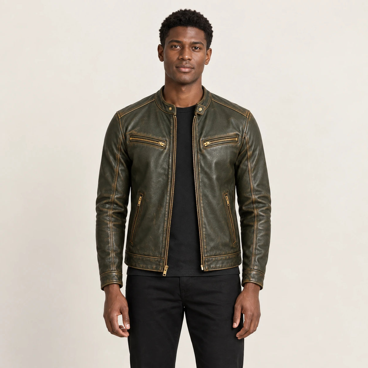 Veste en cuir Vert, vue face dans le studio IVAREE