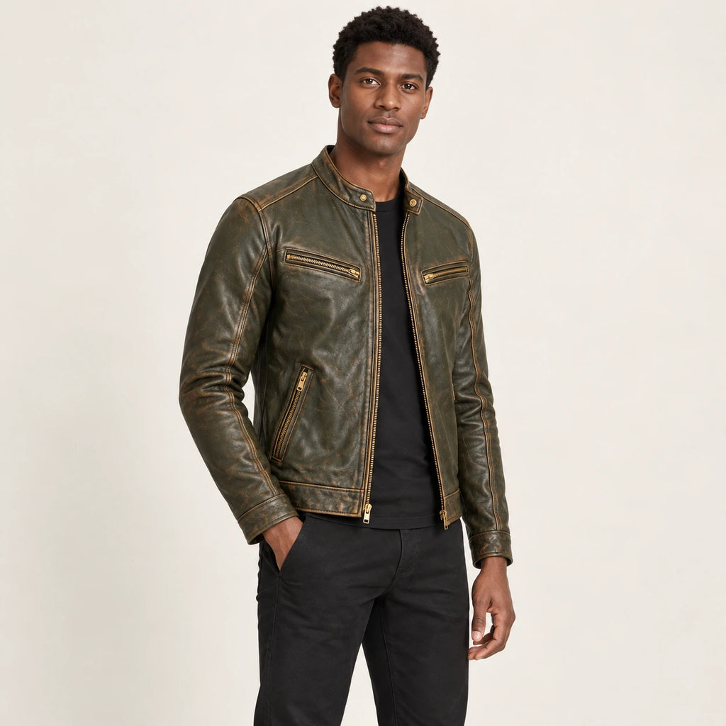 Veste en cuir Vert, vue trois-quarts dans le studio IVAREE